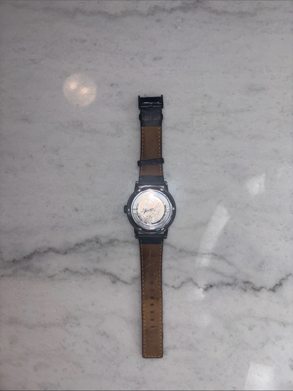 Kenneth Cole Black Skeleton Dial Leather Strap Watch KC1632